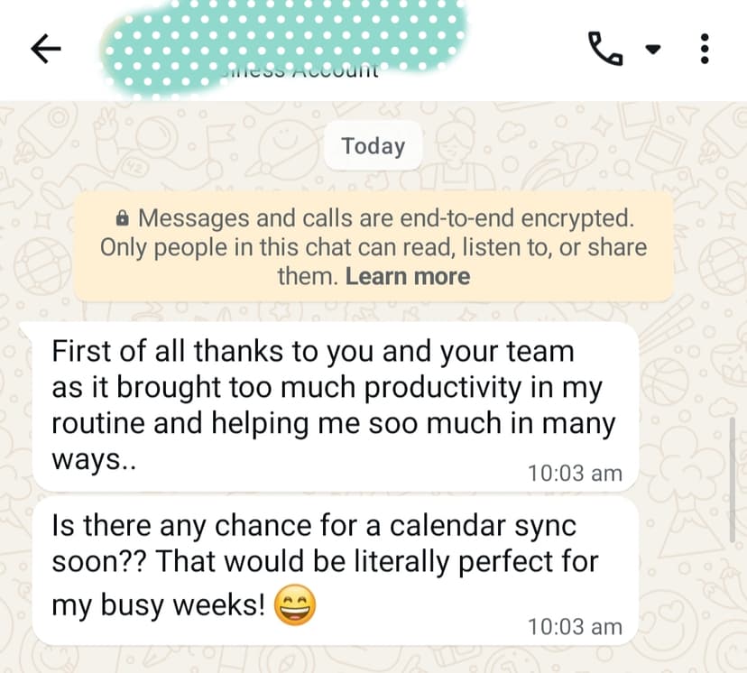 WhatsApp review from Neha G.